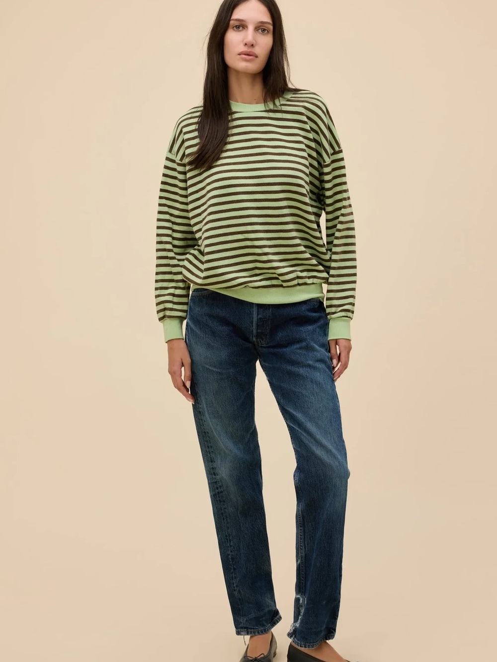 Daydreamer Light Green & Brown Striped Crewneck Sweater